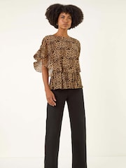 Roman Brown Animal Print Mesh Overlay Blouse - Image 5 of 5