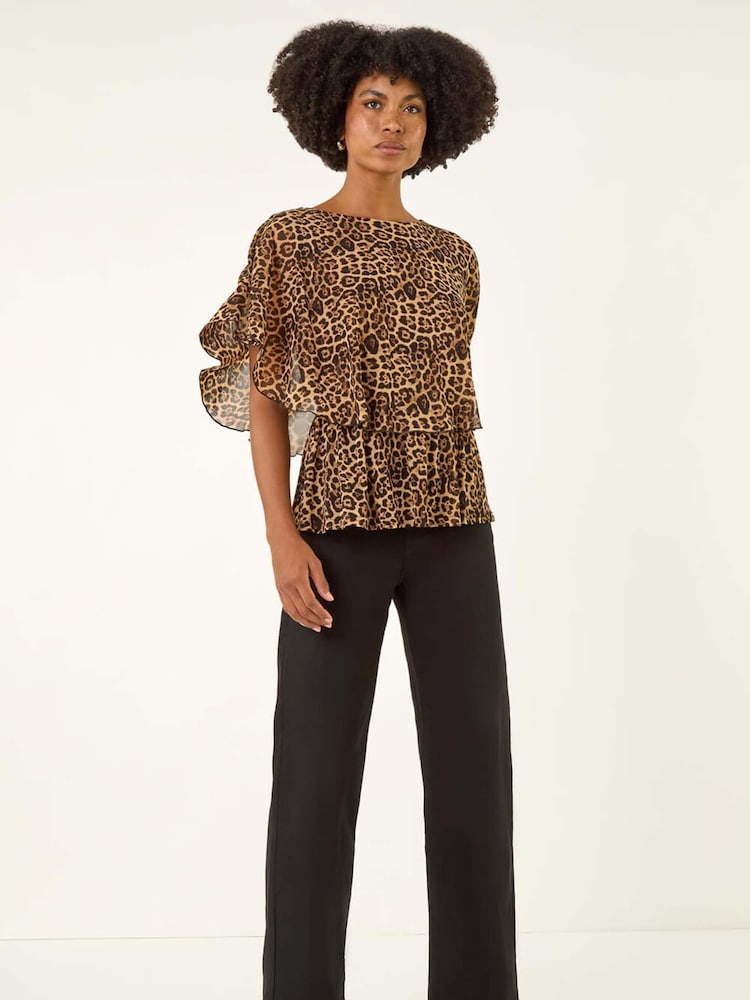 Roman Brown Animal Print Mesh Overlay Blouse - Image 5 of 5 Roman Brown Animal Print Mesh Overlay Blouse - Image 5 of 5
