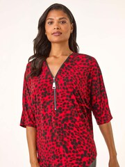 Roman Red Animal Print Zip Front Stretch Shirt - Image 4 of 5
