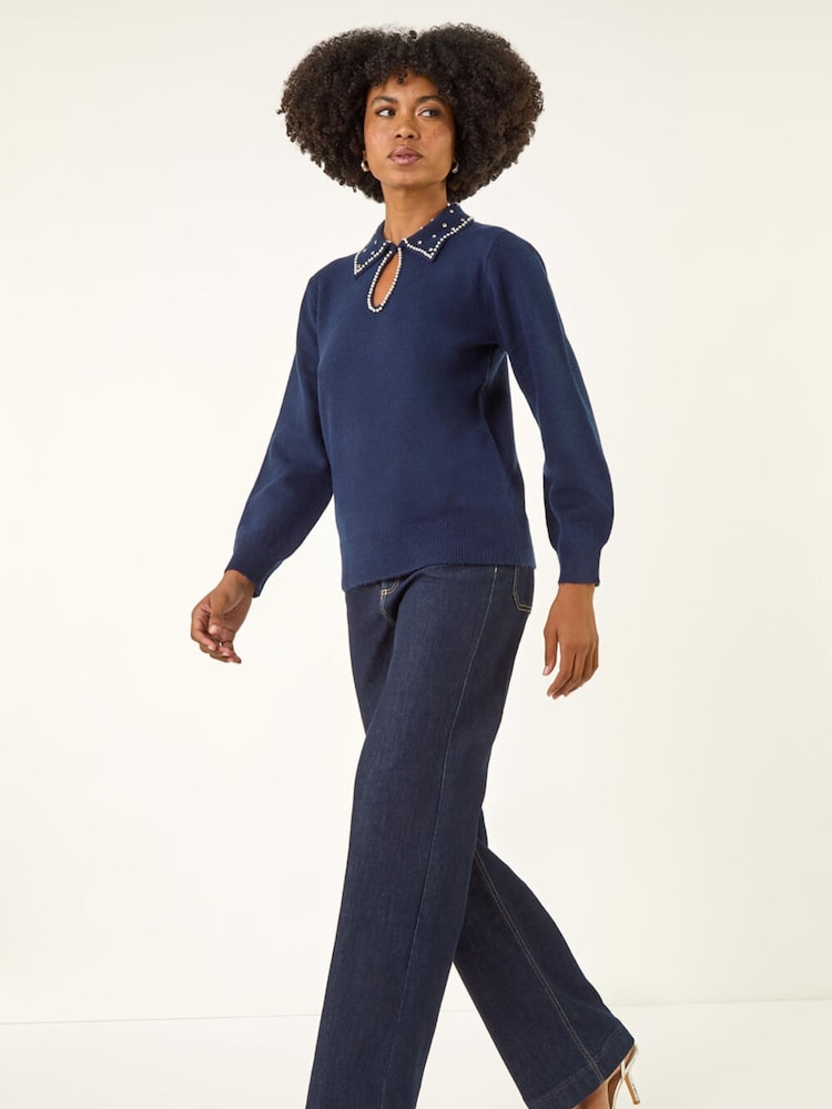 Roman Blue Faux Pearl Collared Keyhole Knit Jumper - Image 2 of 5 Roman Blue Faux Pearl Collared Keyhole Knit Jumper - Image 2 of 5