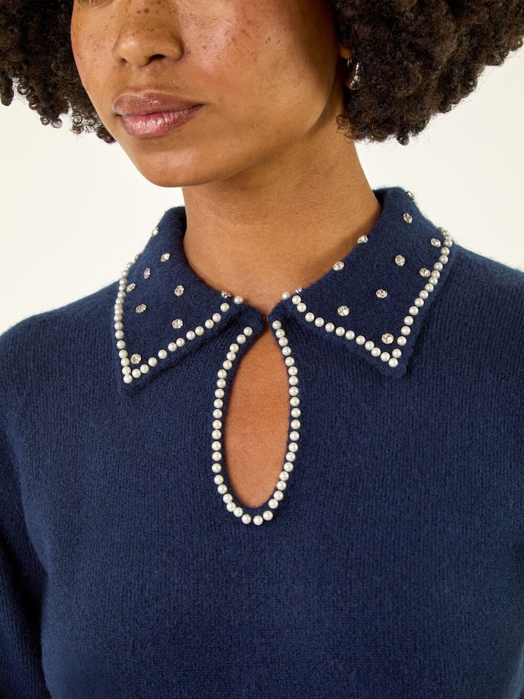 Roman Blue Faux Pearl Collared Keyhole Knit Jumper - Image 5 of 5 Roman Blue Faux Pearl Collared Keyhole Knit Jumper - Image 5 of 5