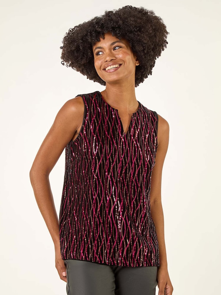 Roman Pink Sequin Velvet Vest Top - Image 1 of 5