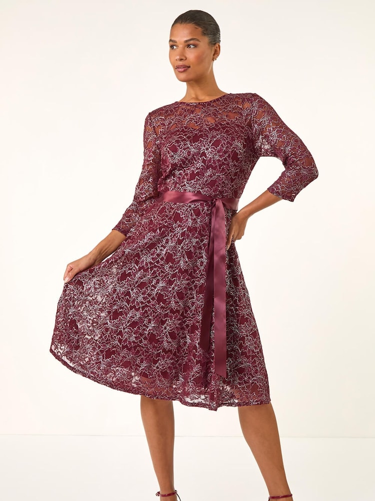 Roman Red Metallic Lace Frill Sleeve Dress - Image 1 of 5