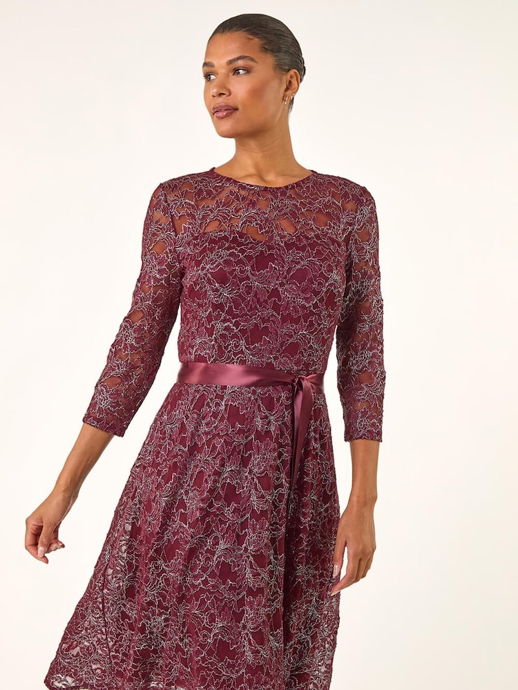 Roman Red Metallic Lace Frill Sleeve Dress - Image 2 of 5