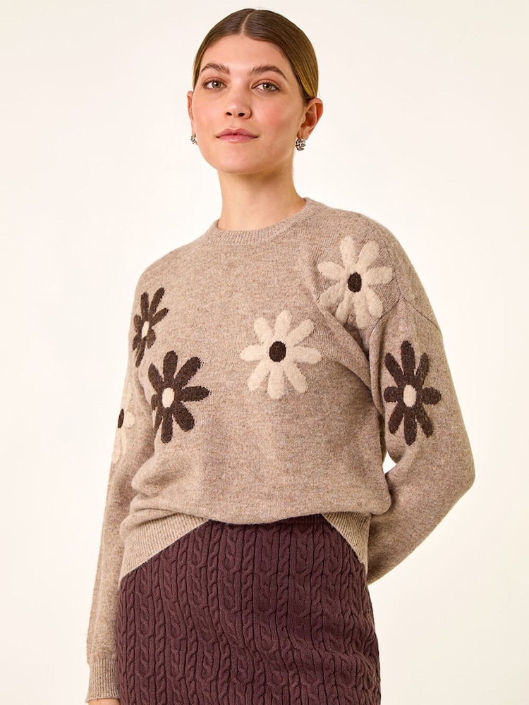 Roman Natural Floral Print Crew Neck Knit Jumper - Image 2 of 5 Roman Natural Floral Print Crew Neck Knit Jumper - Image 2 of 5