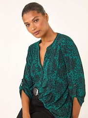 Roman Green Abstract Print Pintuck Stretch Blouse - Image 1 of 5