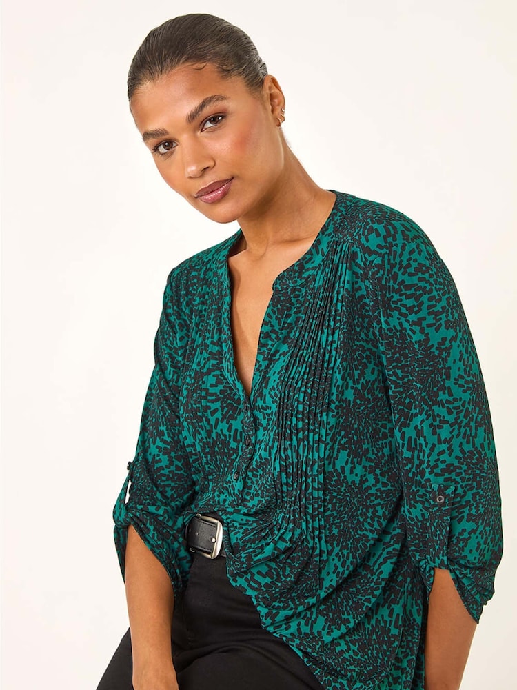 Roman Green Abstract Print Pintuck Stretch Blouse - Image 1 of 5