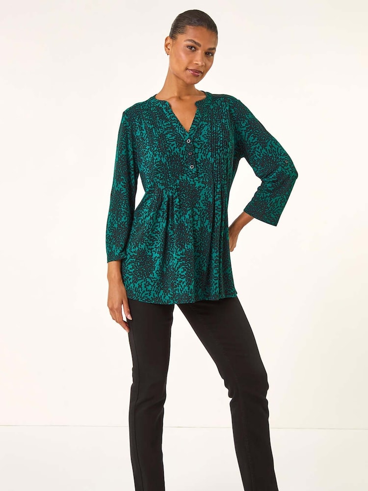 Roman Green Abstract Print Pintuck Stretch Blouse - Image 2 of 5