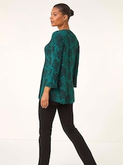 Roman Green Abstract Print Pintuck Stretch Blouse - Image 3 of 5