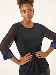 Roman Blue Brillo Sequin Cuff Blouse - Image 1 of 5
