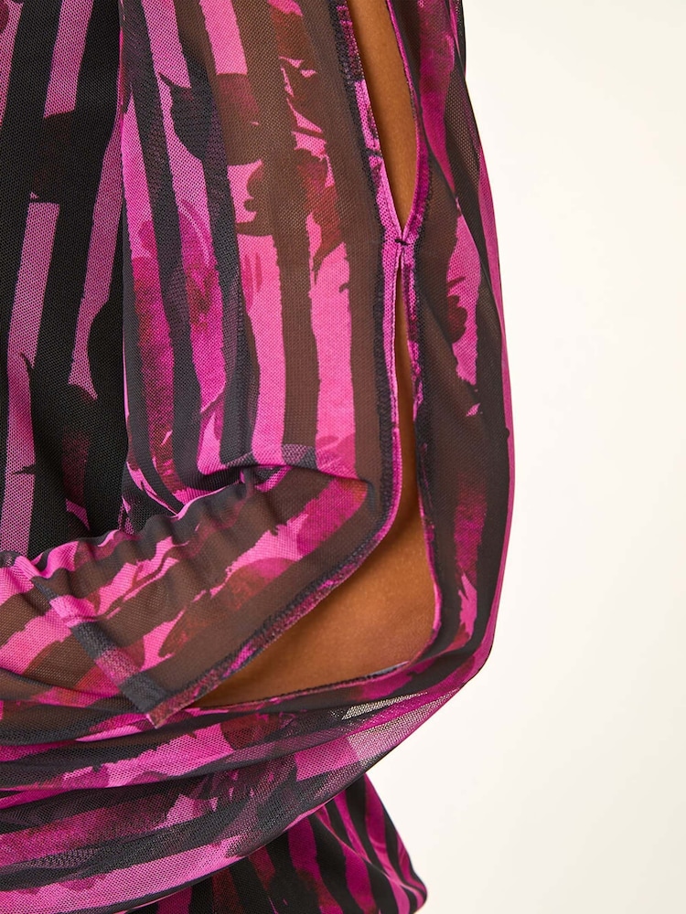 Roman Black Strip Print Mesh Overlay Shirt - Image 5 of 5