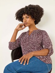 Roman Red Leaf Print V-Neck Stretch Blouse - Image 1 of 5