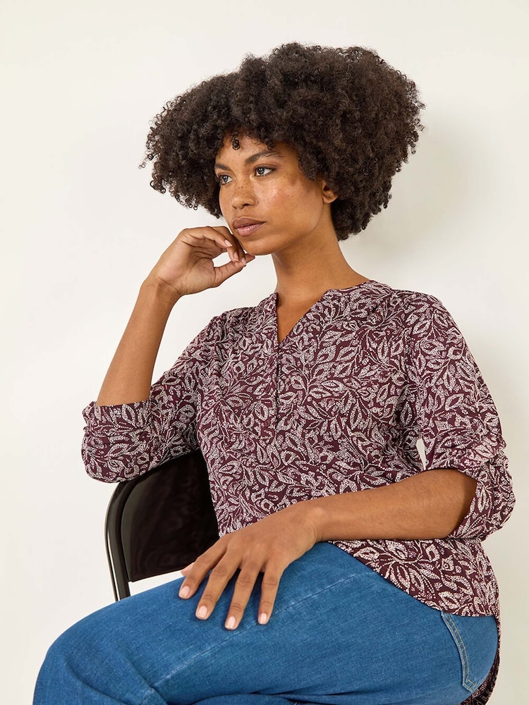 Roman Red Leaf Print V-Neck Stretch Blouse - Image 1 of 5