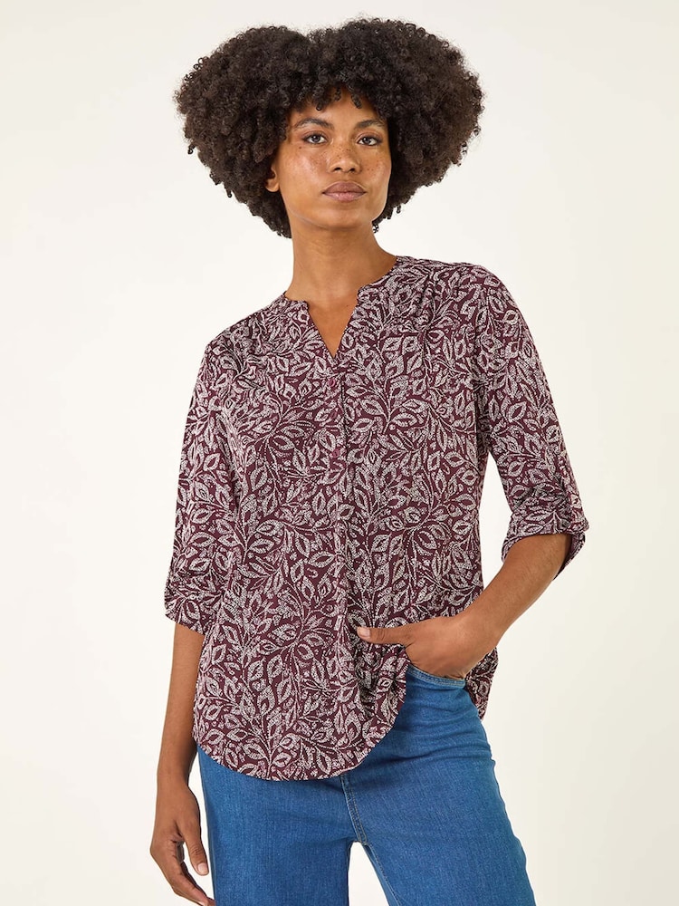 Roman Red Leaf Print V-Neck Stretch Blouse - Image 2 of 5