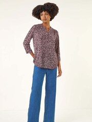 Roman Red Leaf Print V-Neck Stretch Blouse - Image 3 of 5