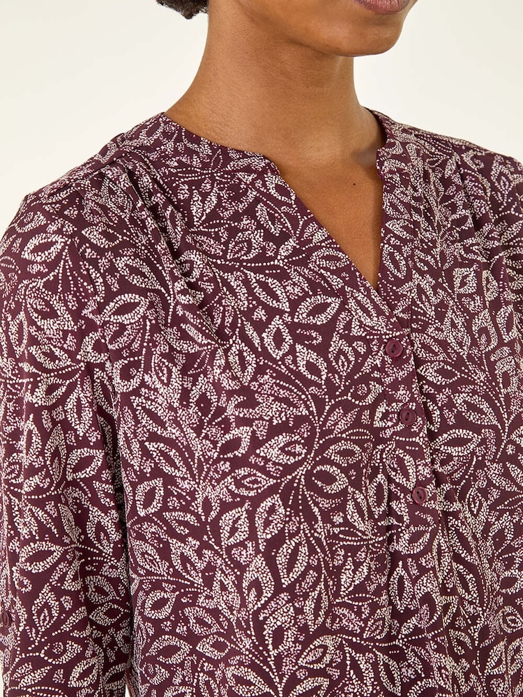 Roman Red Leaf Print V-Neck Stretch Blouse - Image 5 of 5 Roman Red Leaf Print V-Neck Stretch Blouse - Image 5 of 5