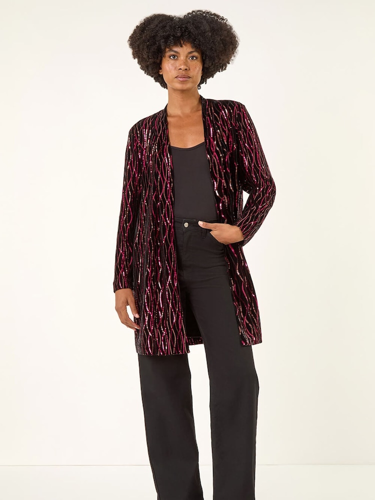 Roman Pink Sequin Velvet Longline Jacket - Image 2 of 5 Roman Pink Sequin Velvet Longline Jacket - Image 2 of 5