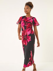 Roman Black Floral Print Flutter Sleeve Midi Dress - Image 1 of 5