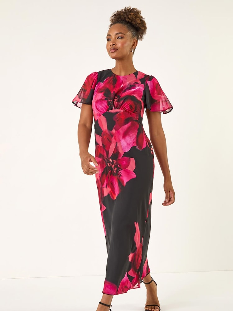 Roman Black Floral Print Flutter Sleeve Midi Dress - Image 1 of 5