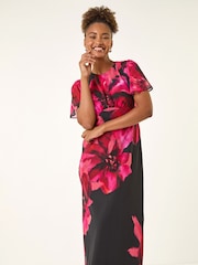 Roman Black Floral Print Flutter Sleeve Midi Dress - Image 2 of 5
