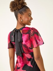 Roman Black Floral Print Flutter Sleeve Midi Dress - Image 4 of 5