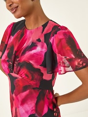 Roman Black Floral Print Flutter Sleeve Midi Dress - Image 5 of 5