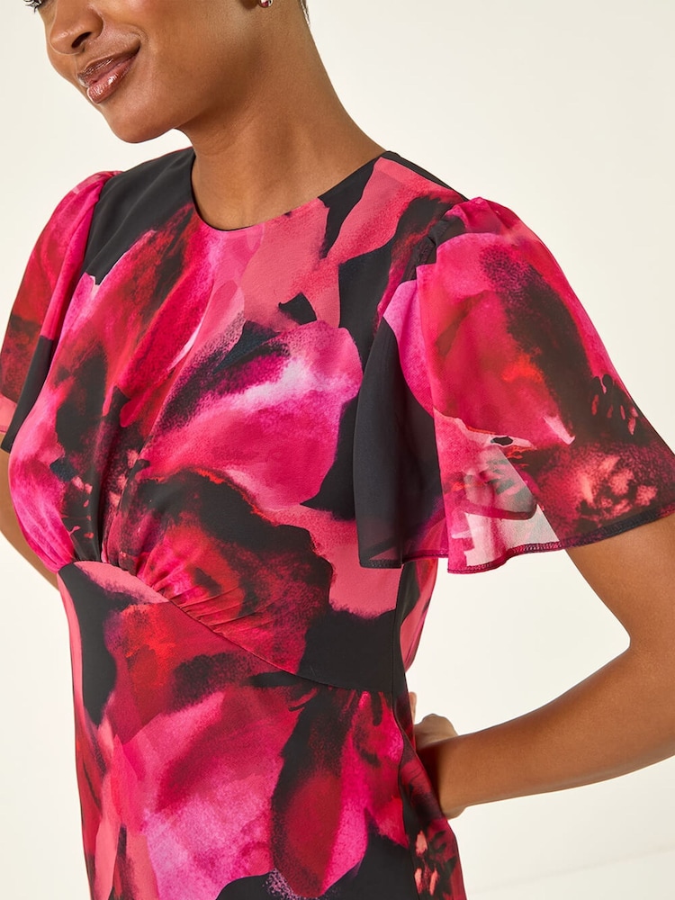 Roman Black Floral Print Flutter Sleeve Midi Dress - Image 5 of 5