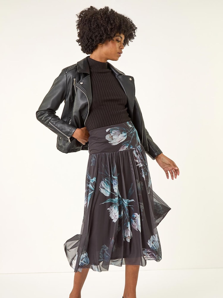 Roman Black Floral Print Mesh Layered Skirt - Image 1 of 5 Roman Black Floral Print Mesh Layered Skirt - Image 1 of 5