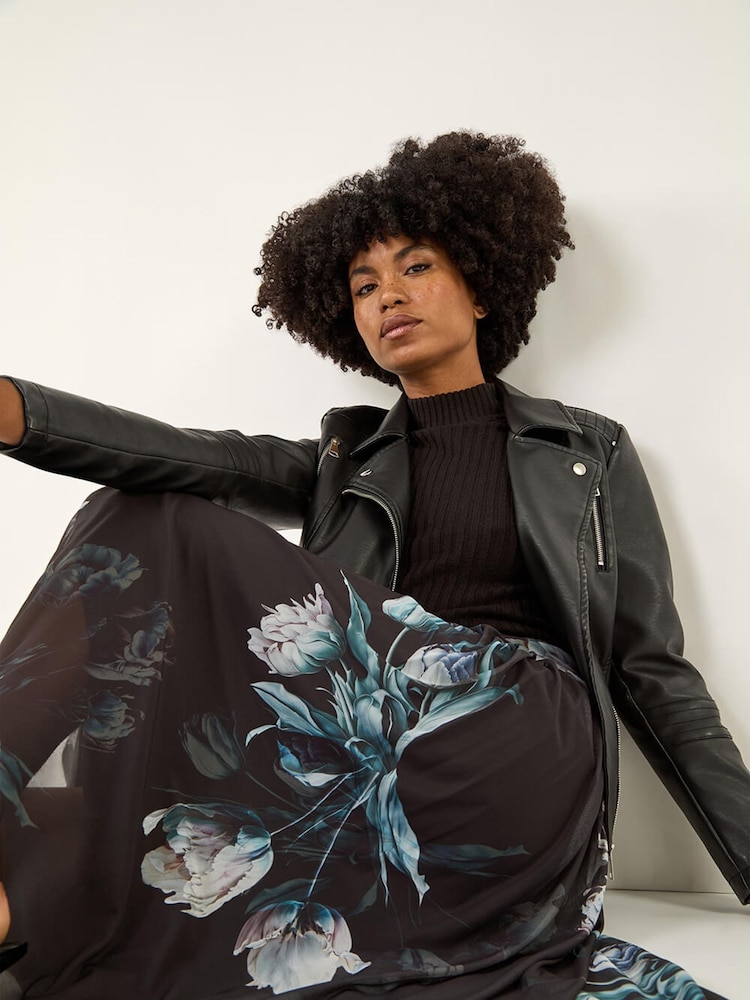 Roman Black Floral Print Mesh Layered Skirt - Image 2 of 5 Roman Black Floral Print Mesh Layered Skirt - Image 2 of 5