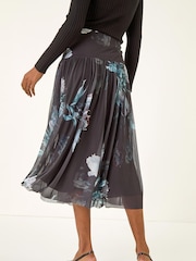 Roman Black Floral Print Mesh Layered Skirt - Image 3 of 5