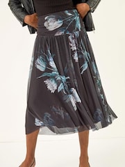 Roman Black Floral Print Mesh Layered Skirt - Image 4 of 5