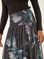 Roman Black Floral Print Mesh Layered Skirt - Image 5 of 5