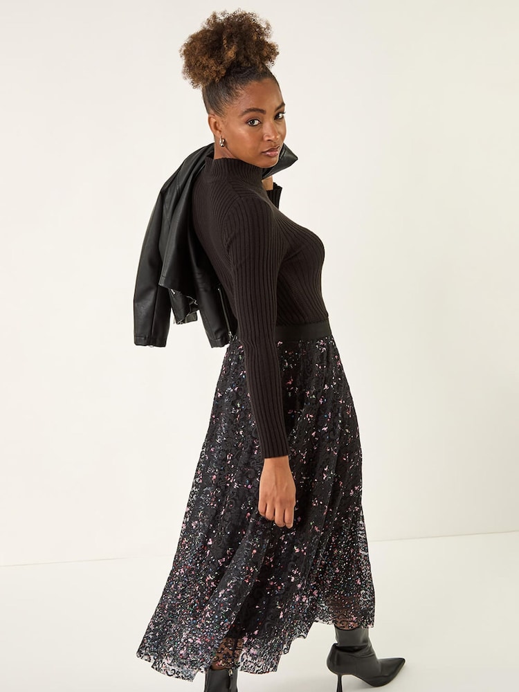 Roman Black Printed Lace Overlay Skirt - Image 1 of 5 Roman Black Printed Lace Overlay Skirt - Image 1 of 5