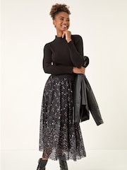 Roman Black Printed Lace Overlay Skirt - Image 2 of 5