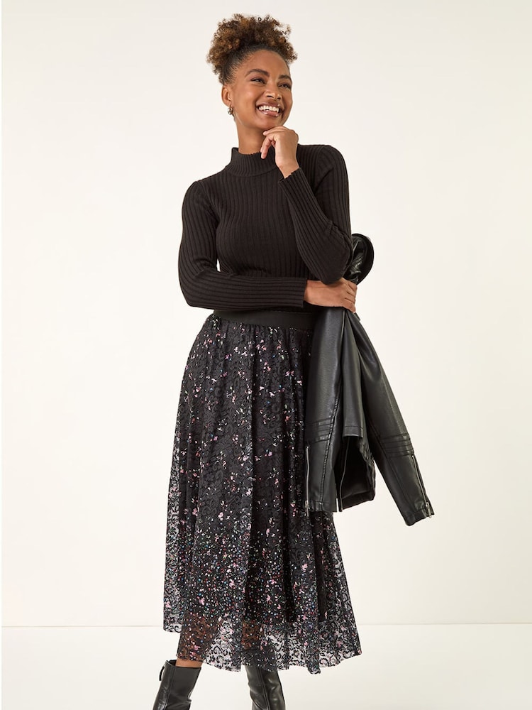 Roman Black Printed Lace Overlay Skirt - Image 2 of 5