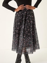 Roman Black Printed Lace Overlay Skirt - Image 4 of 5