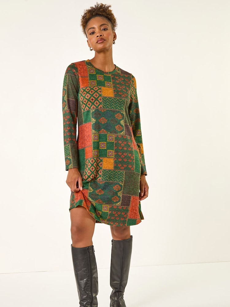Roman Green Patchwork Print Button Swing Dress - Image 1 of 5 Roman Green Patchwork Print Button Swing Dress - Image 1 of 5