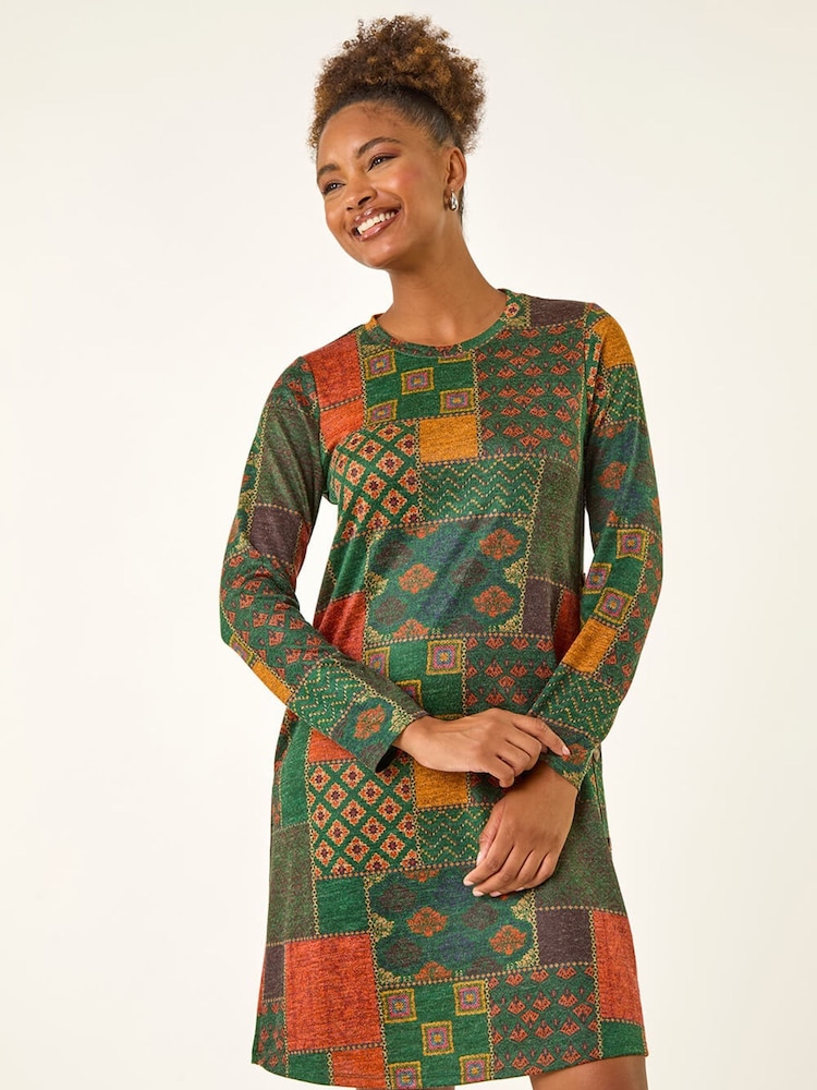 Roman Green Patchwork Print Button Swing Dress - Image 2 of 5 Roman Green Patchwork Print Button Swing Dress - Image 2 of 5