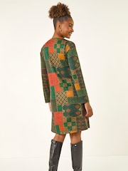 Roman Green Patchwork Print Button Swing Dress - Image 3 of 5