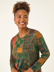 Roman Green Patchwork Print Button Swing Dress - Image 4 of 5
