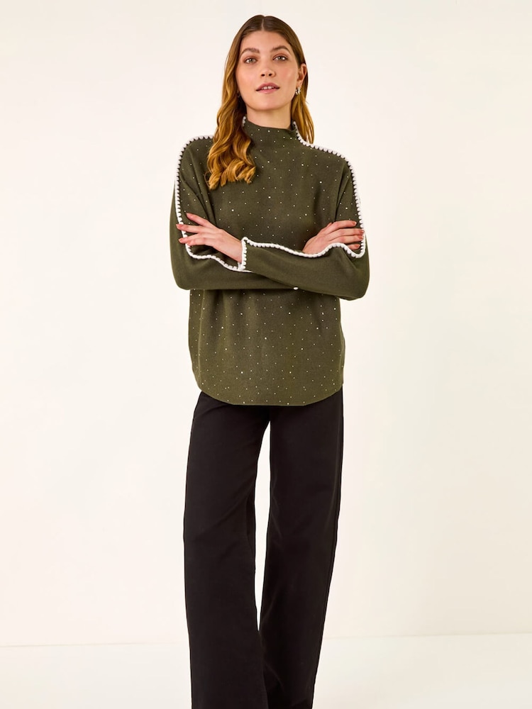 Roman Green Hotfix Blanket Stitch Knit Jumper - Image 1 of 5