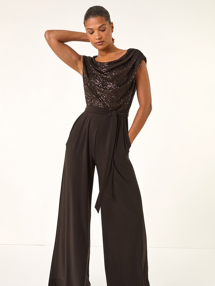 Roman Brown Sequin Bodice Cowl Neck Jumpsuit - Image 2 of 5 Roman Brown Sequin Bodice Cowl Neck Jumpsuit - Image 2 of 5