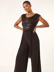 Roman Brown Sequin Bodice Cowl Neck Jumpsuit - Image 4 of 5