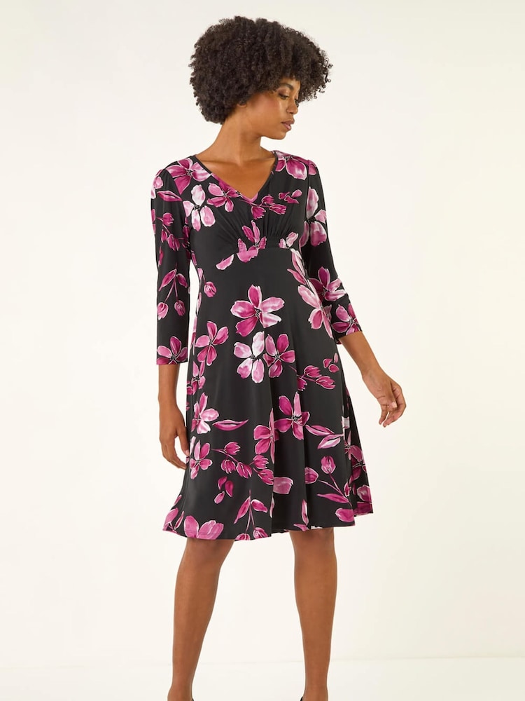 Roman Pink Floral Print Gathered Stretch Midi Dress - Image 1 of 5 Roman Pink Floral Print Gathered Stretch Midi Dress - Image 1 of 5