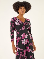 Roman Pink Floral Print Gathered Stretch Midi Dress - Image 2 of 5
