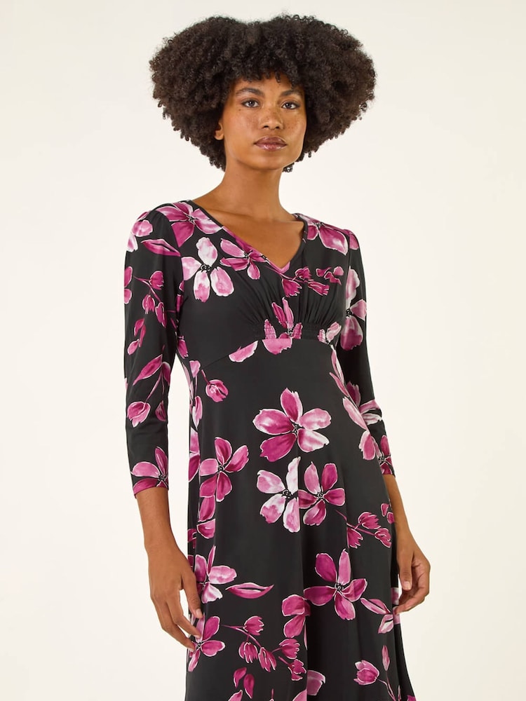 Roman Pink Floral Print Gathered Stretch Midi Dress - Image 2 of 5 Roman Pink Floral Print Gathered Stretch Midi Dress - Image 2 of 5