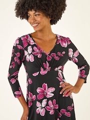 Roman Pink Floral Print Gathered Stretch Midi Dress - Image 4 of 5
