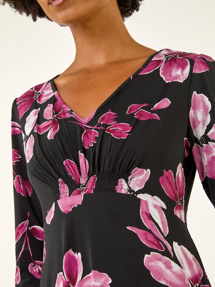 Roman Pink Floral Print Gathered Stretch Midi Dress - Image 5 of 5 Roman Pink Floral Print Gathered Stretch Midi Dress - Image 5 of 5