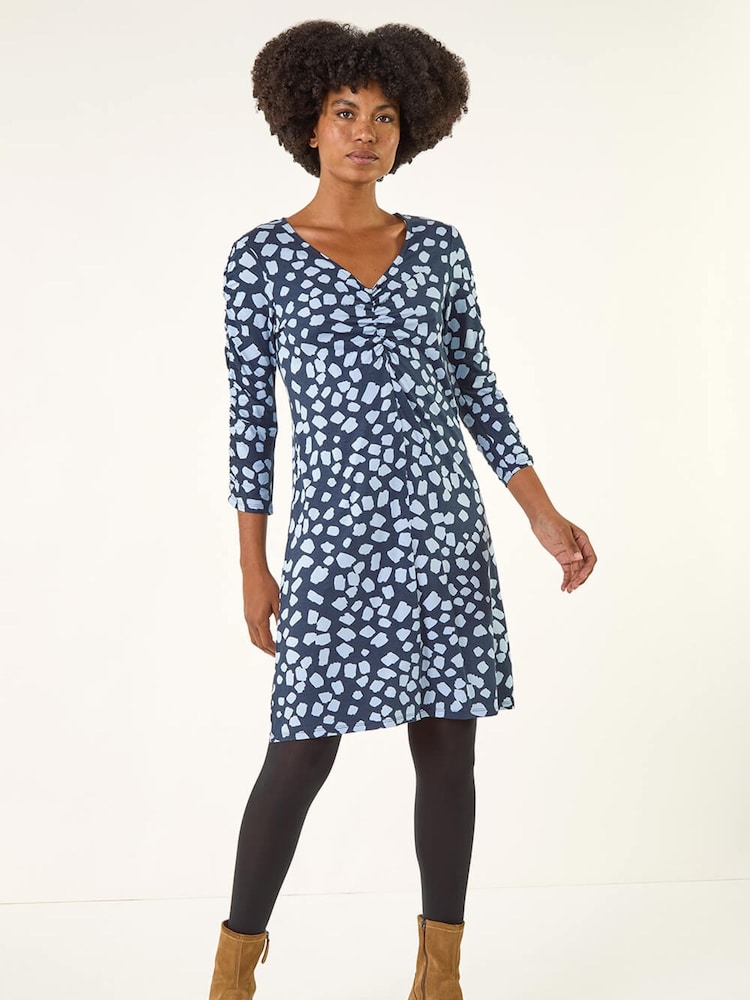 Roman Blue Geometric Gathered A-Line Dress - Image 2 of 5