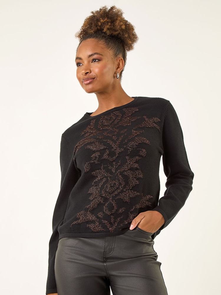 Roman Black Glitter Embossed Knit Jumper - Image 2 of 5 Roman Black Glitter Embossed Knit Jumper - Image 2 of 5